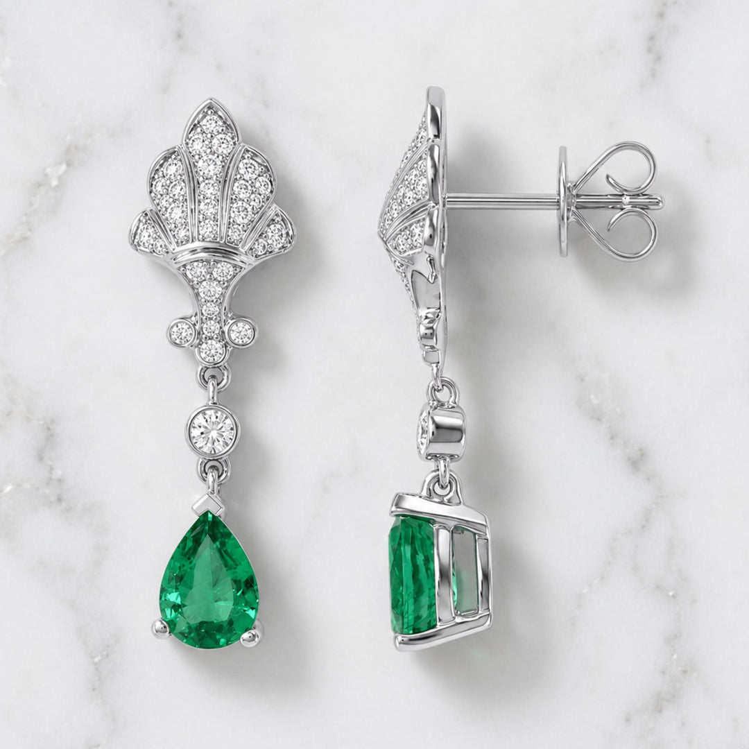 1.35 CT Natural Zambian Emerald and 0.41 Natural Diamond Pave Earrings, 14K Solid Gold