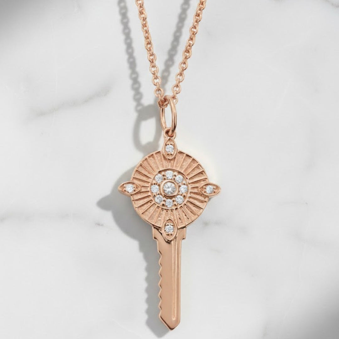 14K Gold Diamond Diary Key Pendant, Key Necklace, Skeleton Key Charm, Key Charm, Diamond Charm, Lab Grown Diamond, 14k Gold, Unique Key