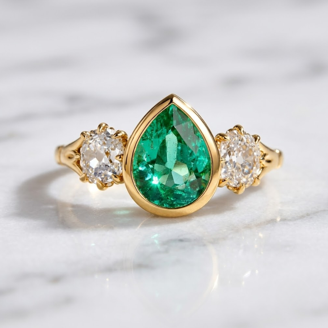 Natural Zambian Emerald & Old Mine Cut Diamond Ring, 18K Solid Gold