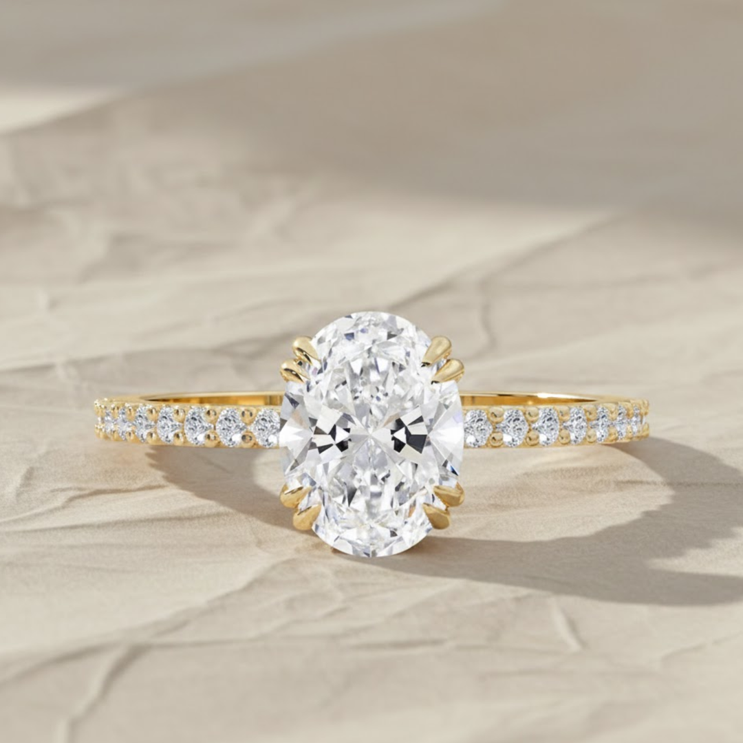 Oval Engagement Ring with Side Diamonds, 14K Solid Gold White, Yellow, Rose Gold, Prong Set, Pavé Band, Bridal Gift for Her