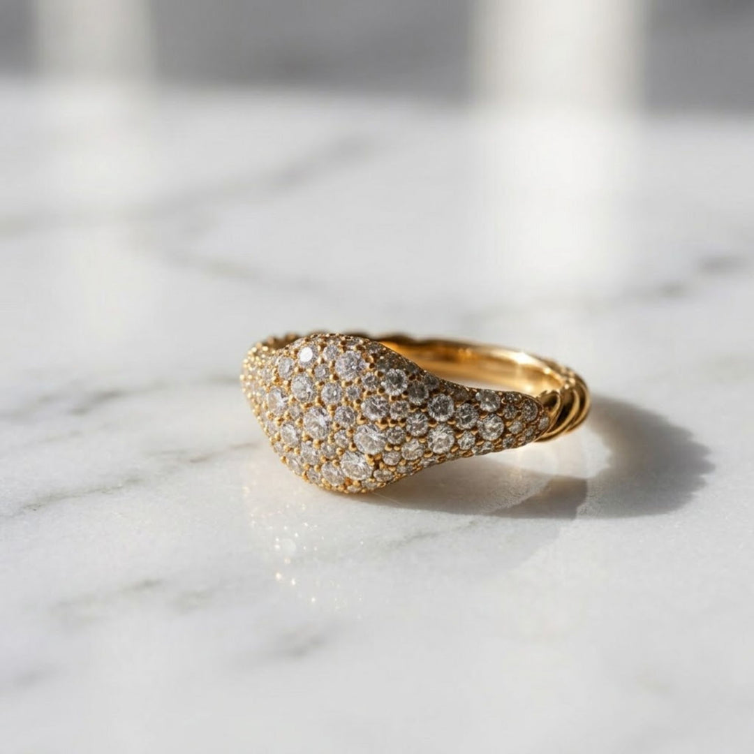 Lab Grown Diamond Pave Set Gold Ring, 7mm, Women's Statement Dome Jewelry, NYC Night Inspired, SGL Certified, Gift for Her