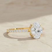 Oval Engagement Ring with Side Diamonds, 14K Solid Gold White, Yellow, Rose Gold, Prong Set, Pavé Band, Bridal Gift for Her