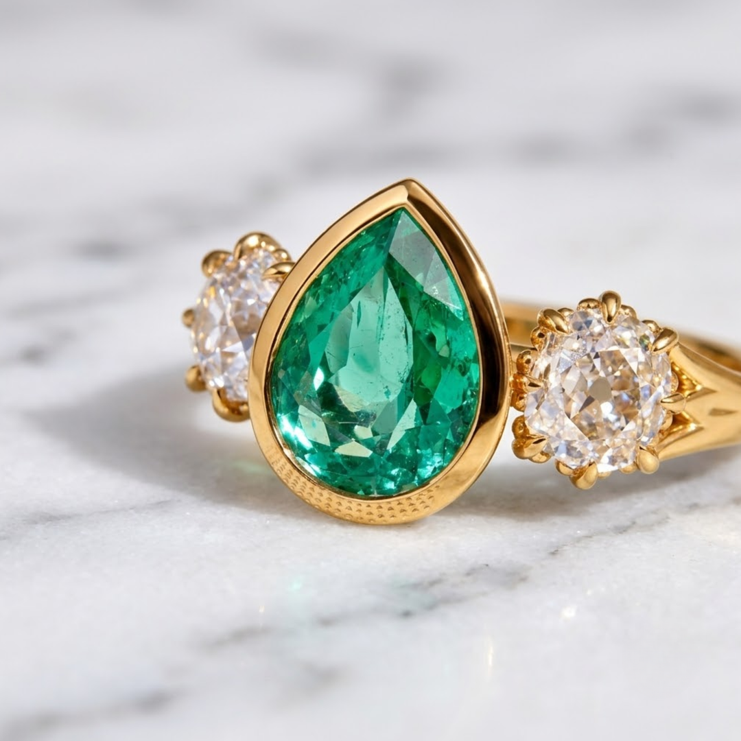 Natural Zambian Emerald & Old Mine Cut Diamond Ring, 18K Solid Gold