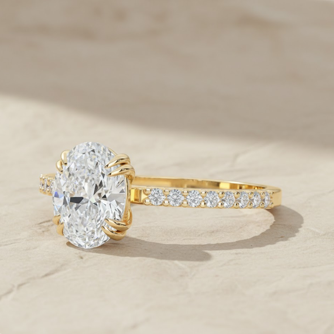 Oval Engagement Ring with Side Diamonds, 14K Solid Gold White, Yellow, Rose Gold, Prong Set, Pavé Band, Bridal Gift for Her