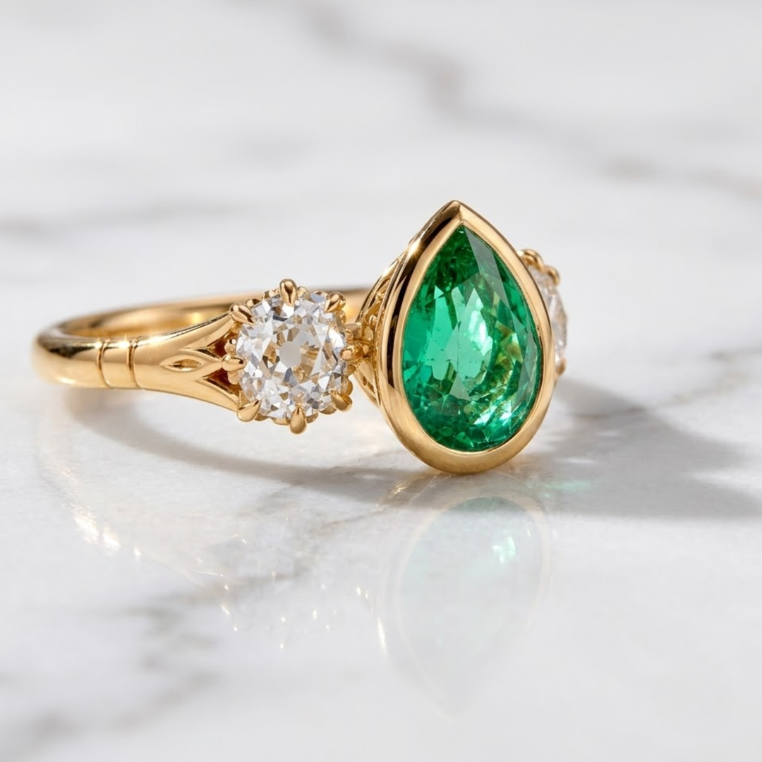 Natural Zambian Emerald & Old Mine Cut Diamond Ring, 18K Solid Gold