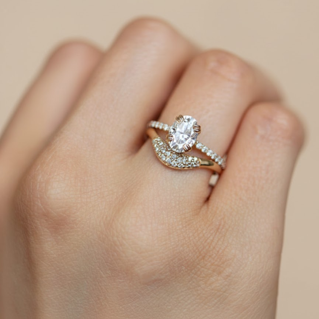 Oval Engagement Ring with Side Diamonds, 14K Solid Gold White, Yellow, Rose Gold, Prong Set, Pavé Band, Bridal Gift for Her