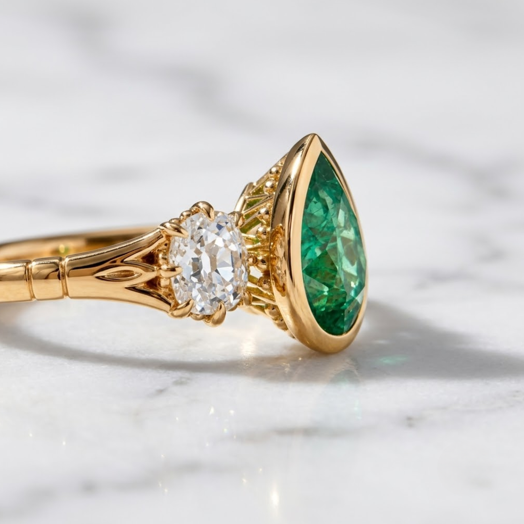 Natural Zambian Emerald & Old Mine Cut Diamond Ring, 18K Solid Gold