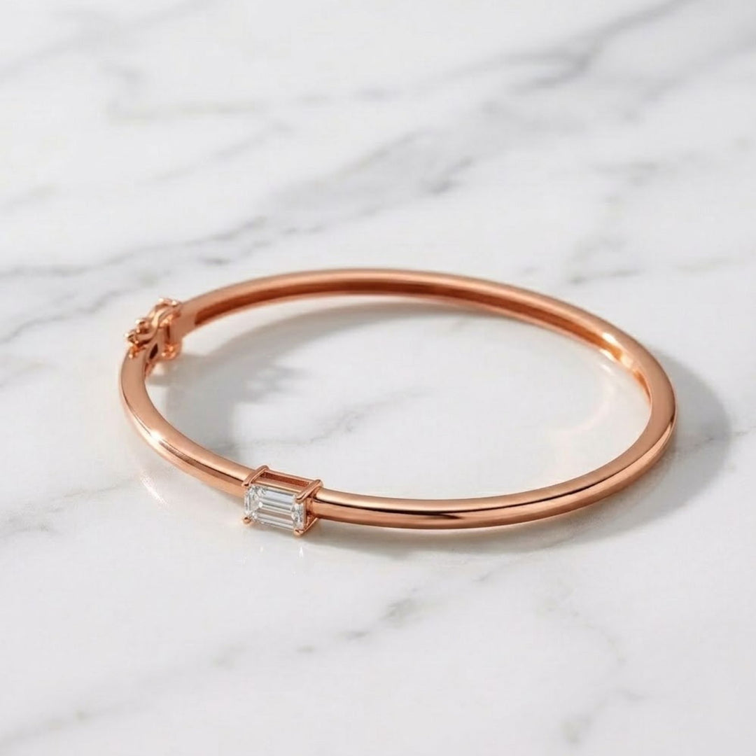 14K Gold Emerald Cut Lab Diamond Bangle Bracelet, Minimalist Fine Jewelry for Women