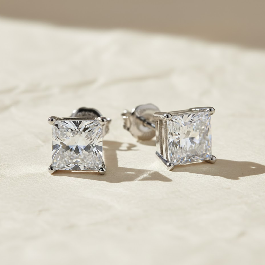 14K Gold Lab Diamond Princess-Cut Stud Earrings, Classy Square Diamond Studs, With Secure Screw back