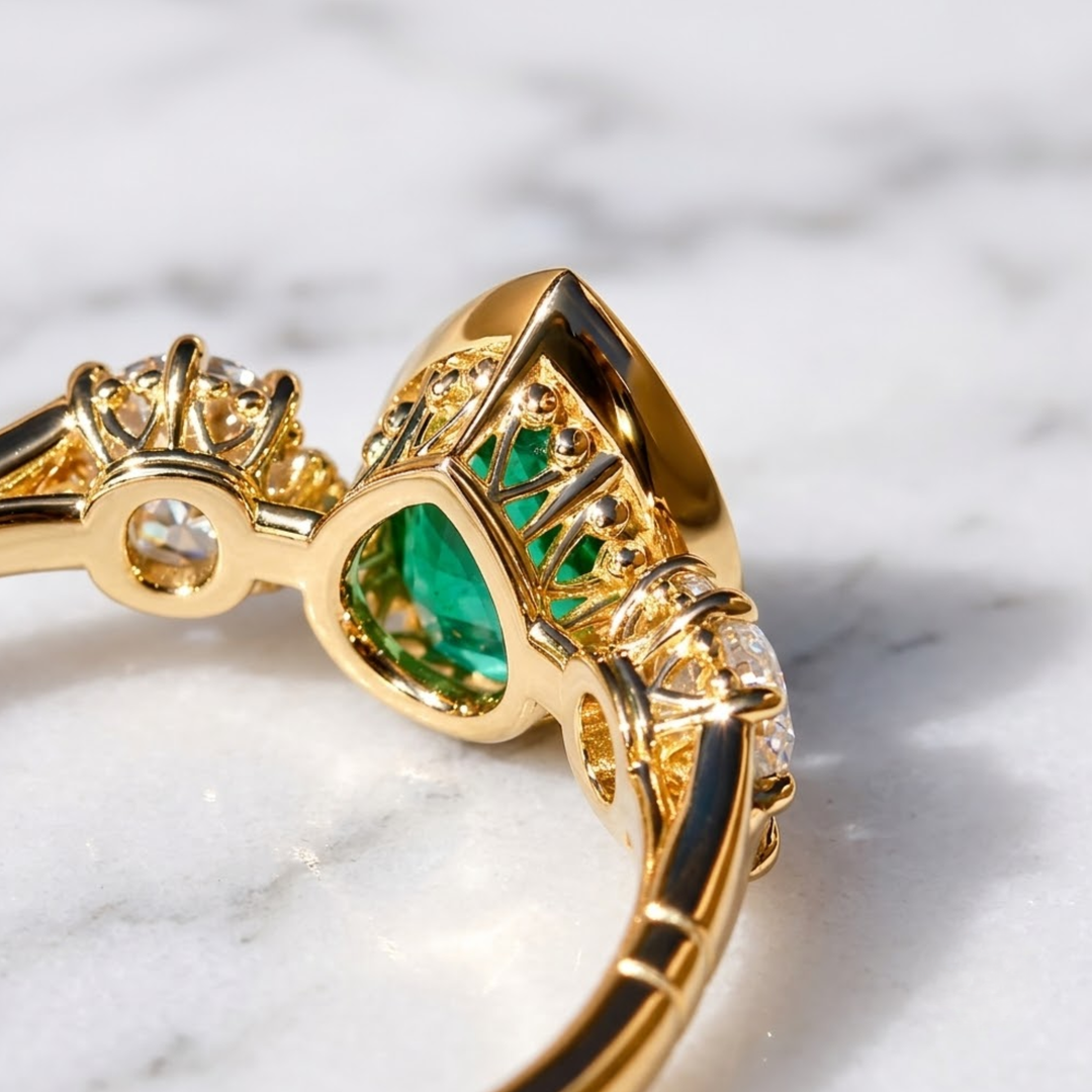 Natural Zambian Emerald & Old Mine Cut Diamond Ring, 18K Solid Gold