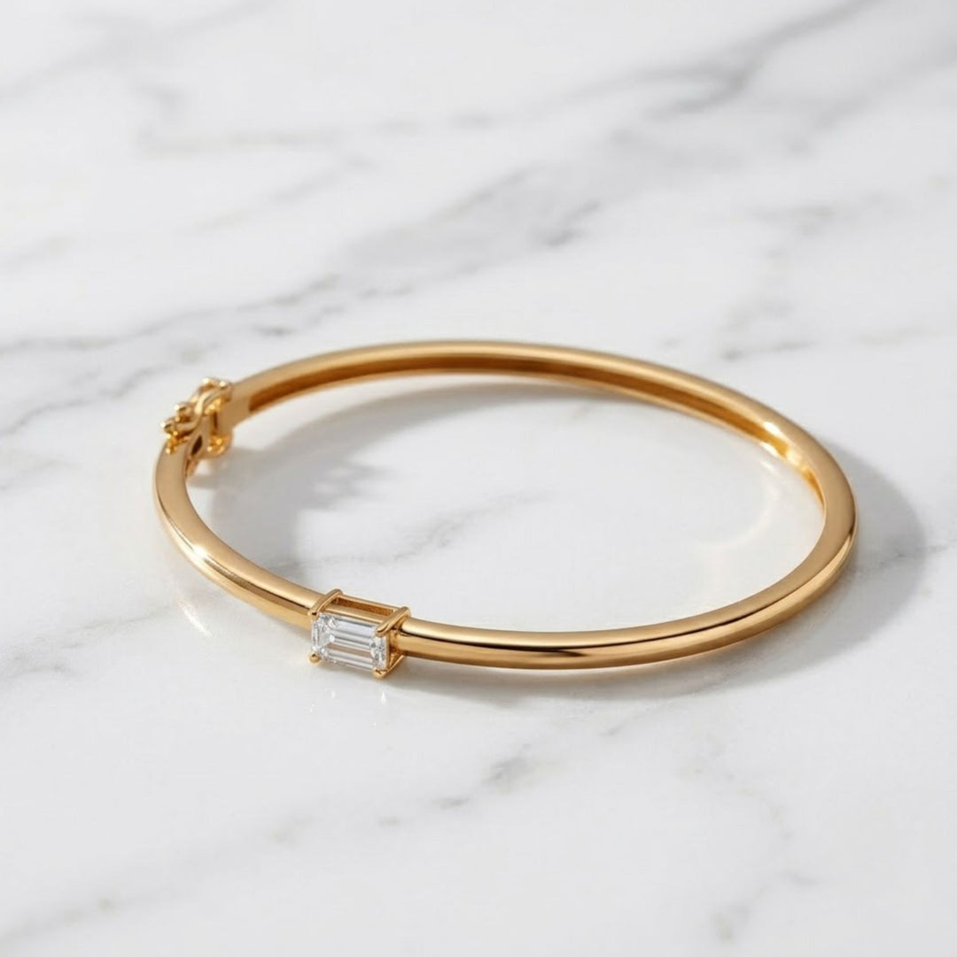 14K Gold Emerald Cut Lab Diamond Bangle Bracelet, Minimalist Fine Jewelry for Women