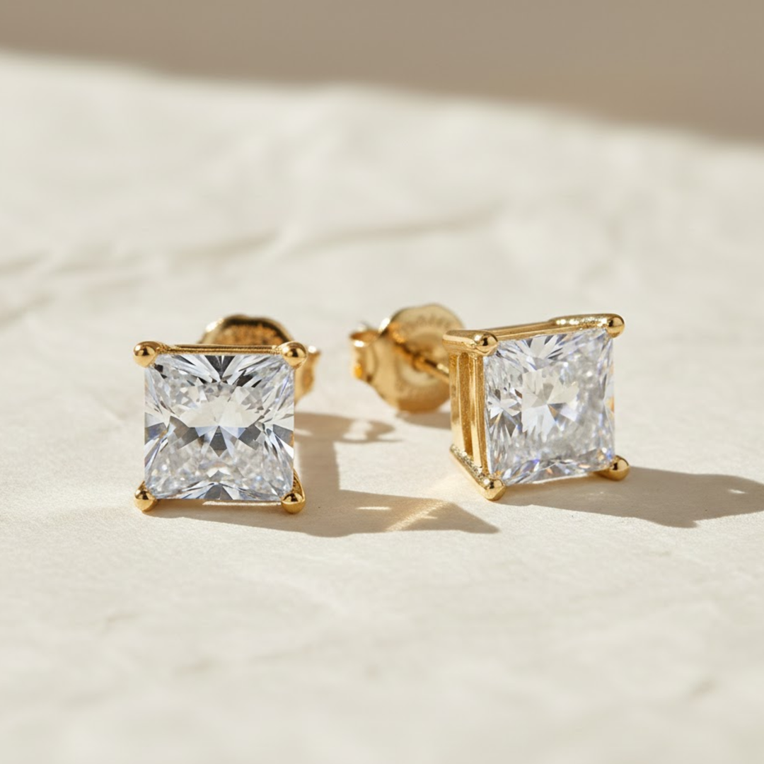 14K Gold Lab Diamond Princess-Cut Stud Earrings, Classy Square Diamond Studs, With Secure Screw back