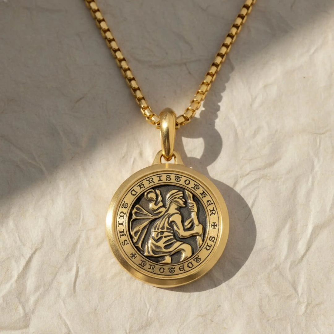 St Christopher Amulet Necklace in 14K Solid Gold, Spiritual Talisman Pendant, Meaningful Jewelry, Gift for Boyfriend, Customizable. Jwalin Jewels
