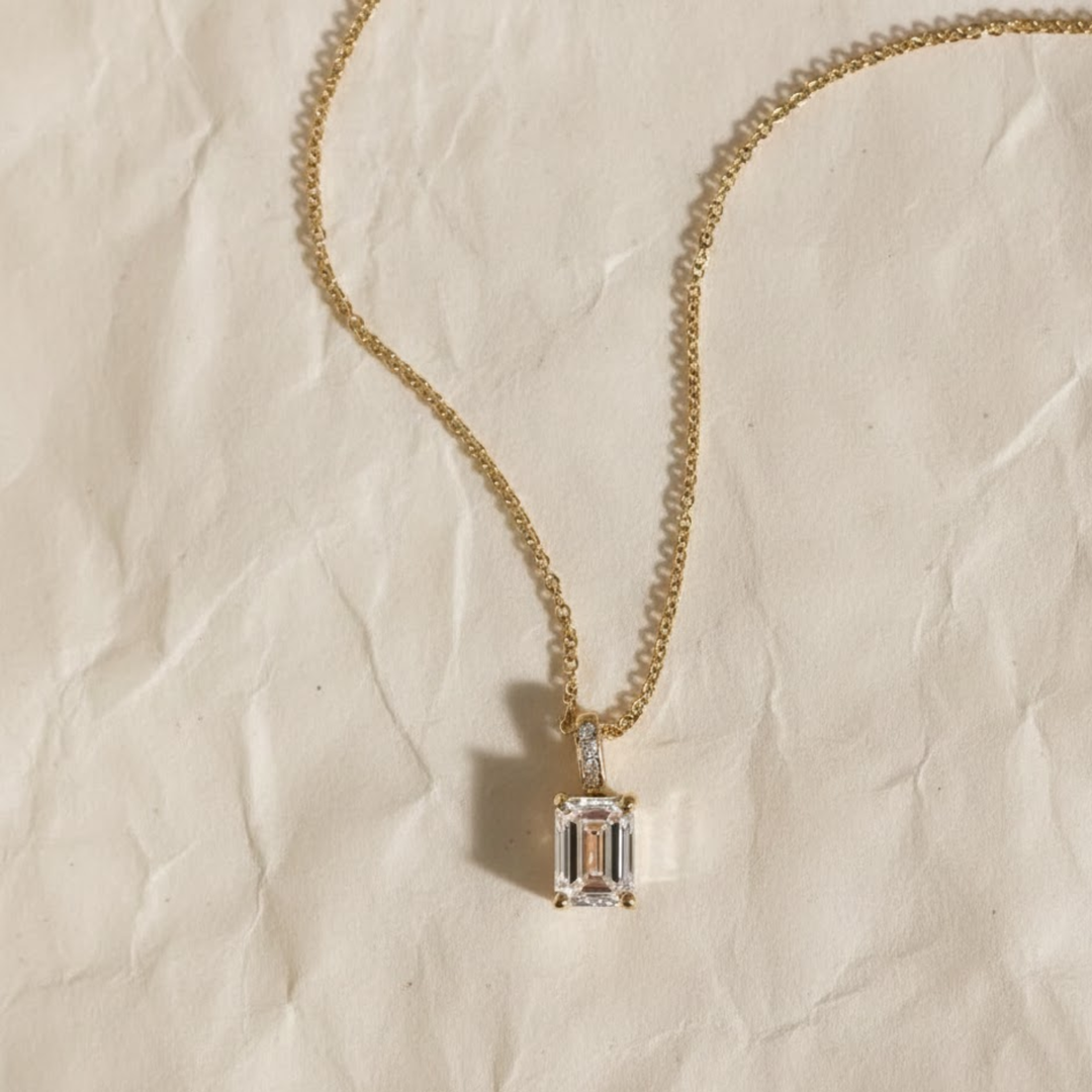 14k Gold Emerald Cut Lab Grown Diamond Charm Pendant, 1.50 CTW Lab Grown Diamond Solitaire Necklace Prong Setting IGI Certified Diamond