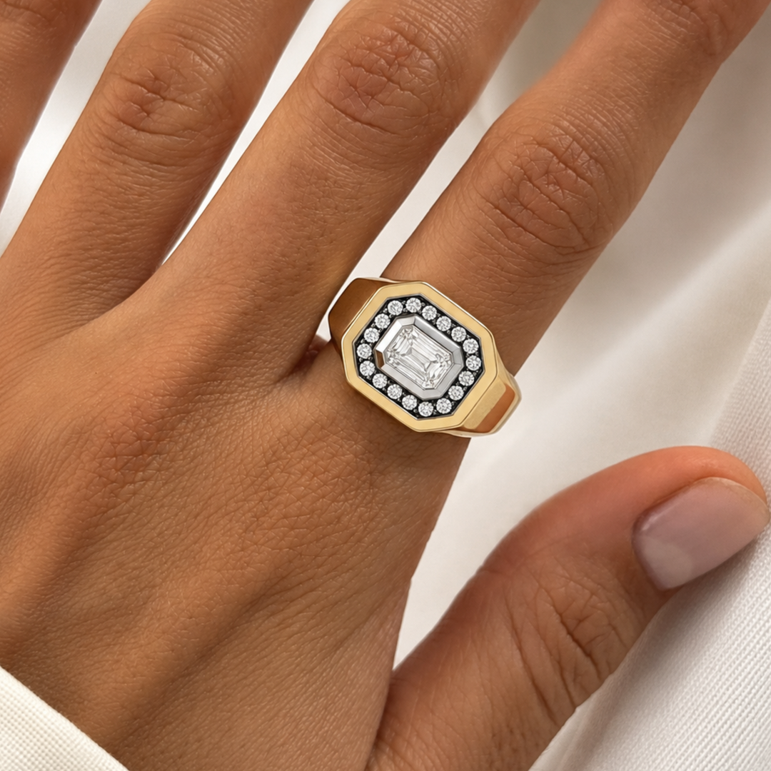 14K Solid Gold Signet Ring, Emerald Cut Halo Diamond Ring, Two Tone Bold Statement Ring, Luxury Anniversary Gift, Bold Ring For Her, Gift