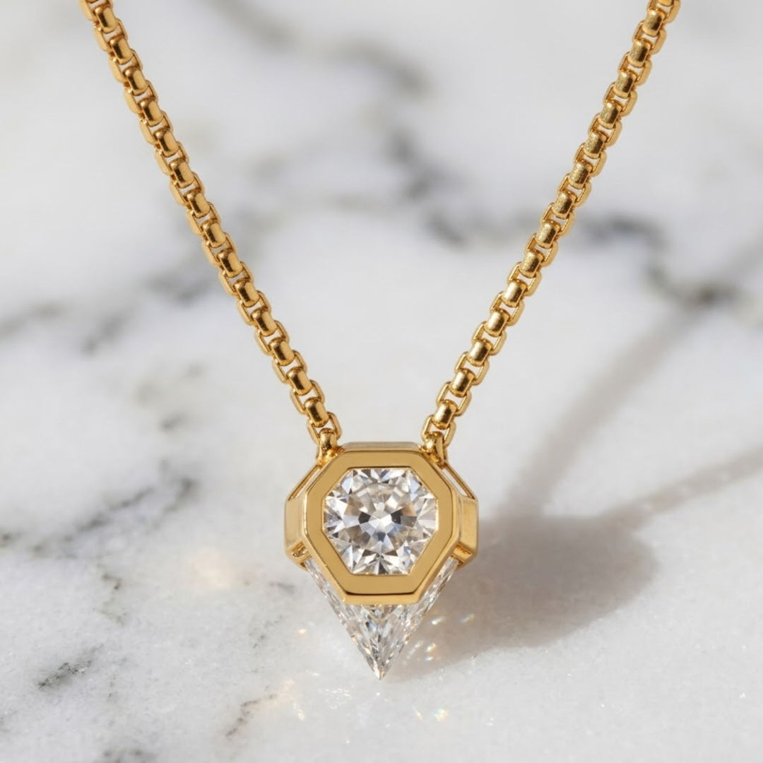 Solitaire Shield Diamond Pendant Necklace 14k White Gold, Diamond Profile 0.75 Carat, F+ Color, tension bead, IGI certified