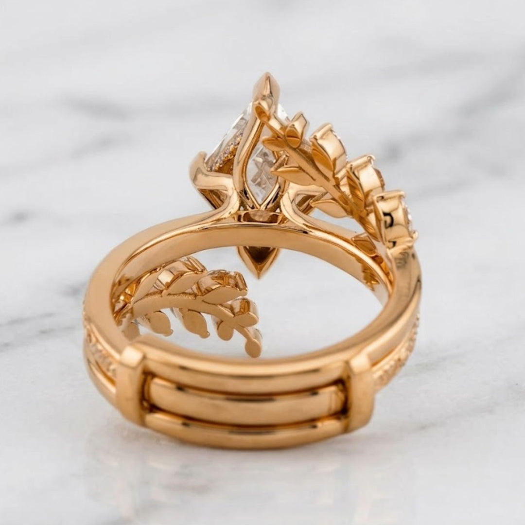 2.10 CT Lozenge Lab Grown Diamond Ring Set, Nature Inspired Engagement Ring, 14K Solid Gold