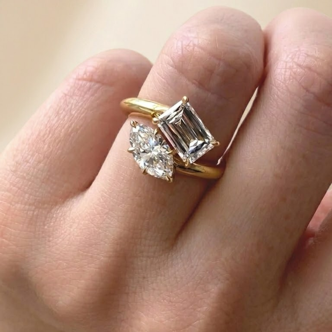 Toi et Moi Engagement Ring ,Emerald & Pear Cut Diamonds in 14k Gold,2.00 Ct F+ VS+ Vintage Style Solitaire Lab Grown Diamond