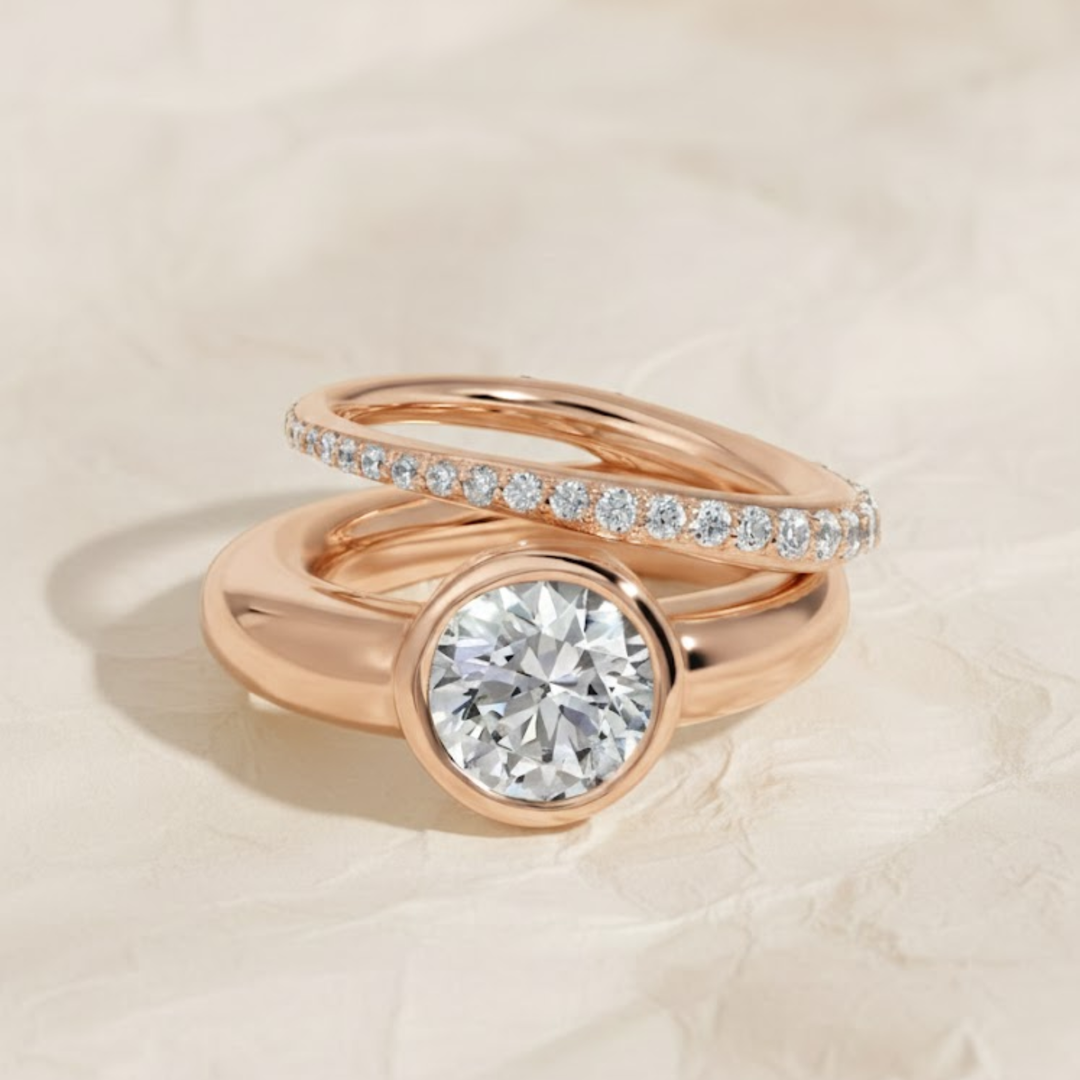 Lab Grown 2.00 CT Round Diamond Engagement Ring, 14K Gold Bezel Set, Pave Band