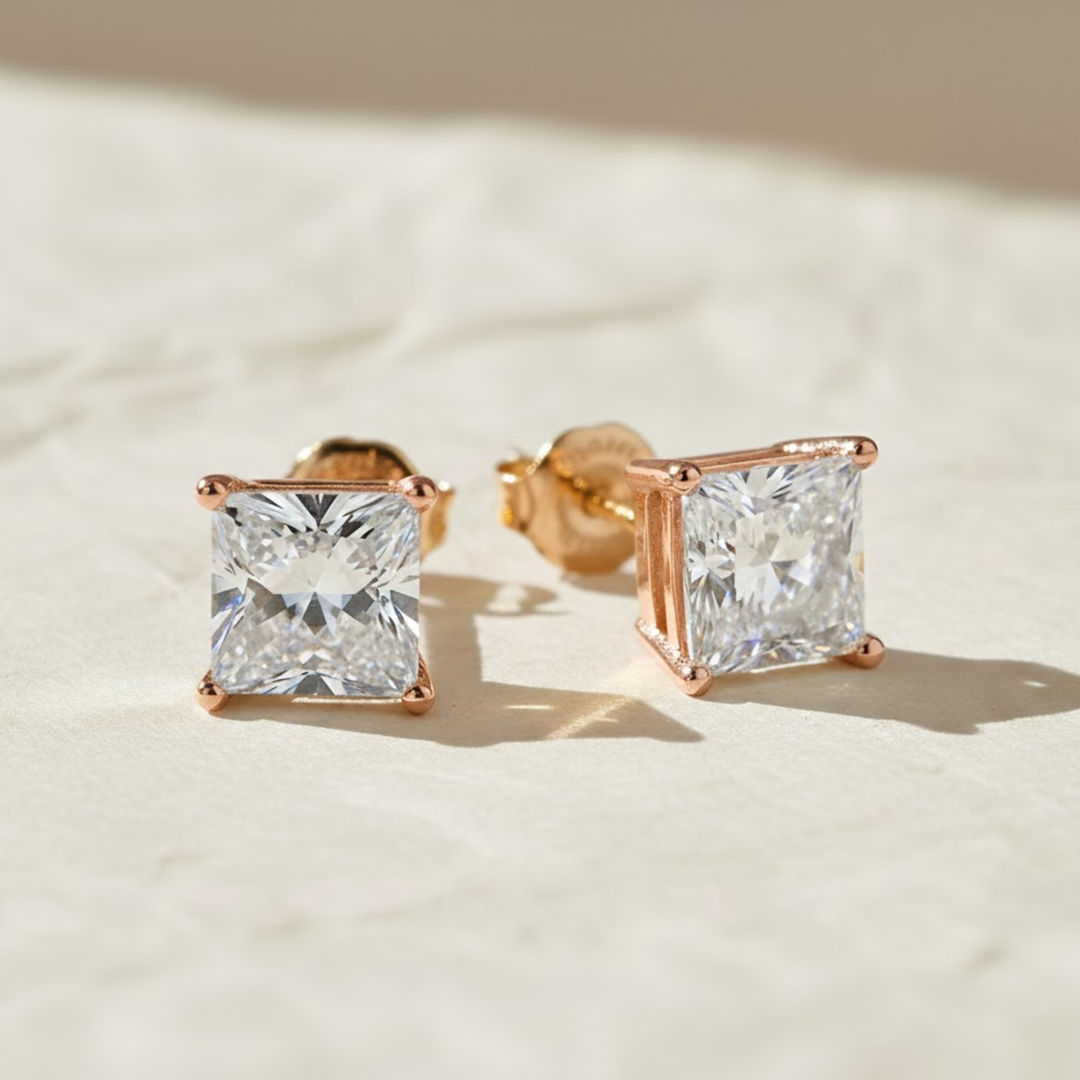 14K Gold Lab Diamond Princess-Cut Stud Earrings, Classy Square Diamond Studs, With Secure Screw back