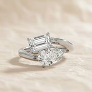 2.00 Ctw Lab Diamond Toi et Moi Ring, Pear and Emerald Cut Diamonds, 14k Gold Two Stone Engagement Ring