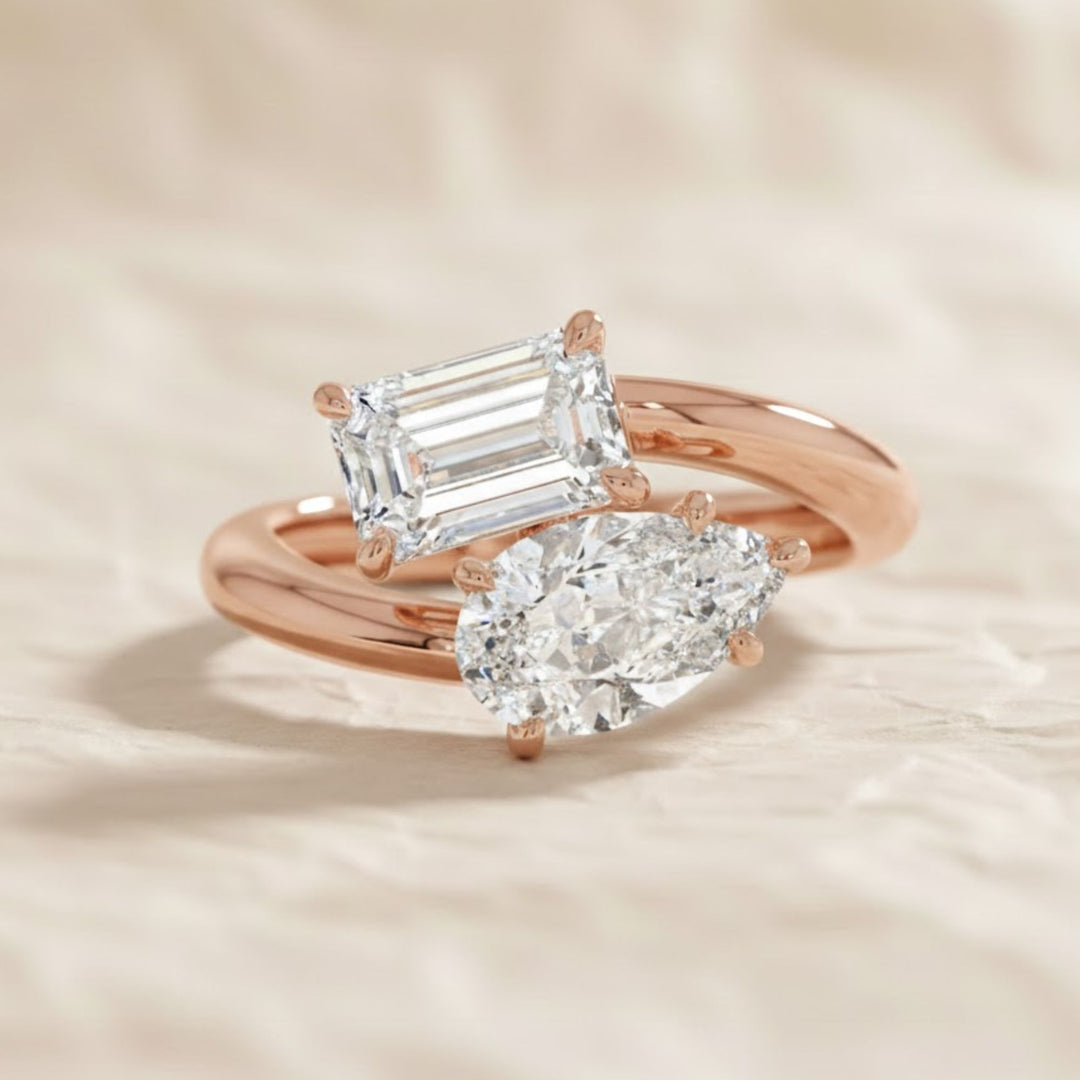 2.00 Ctw Lab Diamond Toi et Moi Ring, Pear and Emerald Cut Diamonds, 14k Gold Two Stone Engagement Ring