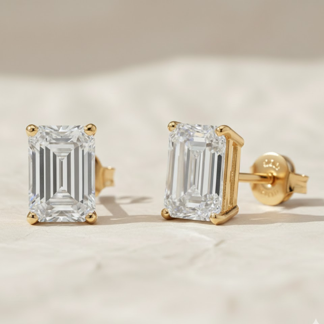 Emerald Cut Lab Grown Diamond Stud Earrings, Everyday Wear Minimalist Stud Earrings, Prong Set Solitaire Earrings, CVD Diamond Studs