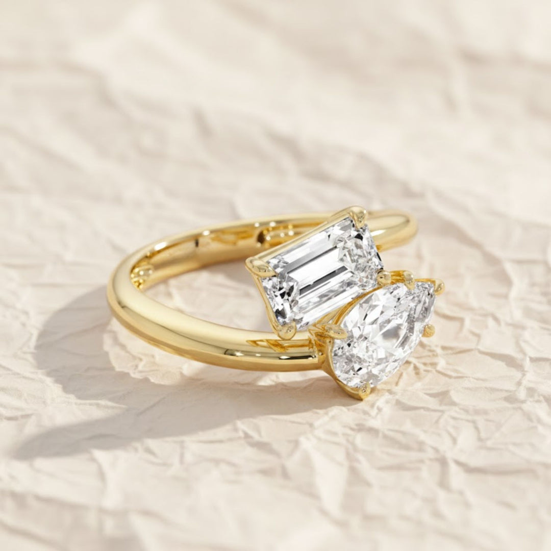 2.00 Ctw Lab Diamond Toi et Moi Ring, Pear and Emerald Cut Diamonds, 14k Gold Two Stone Engagement Ring