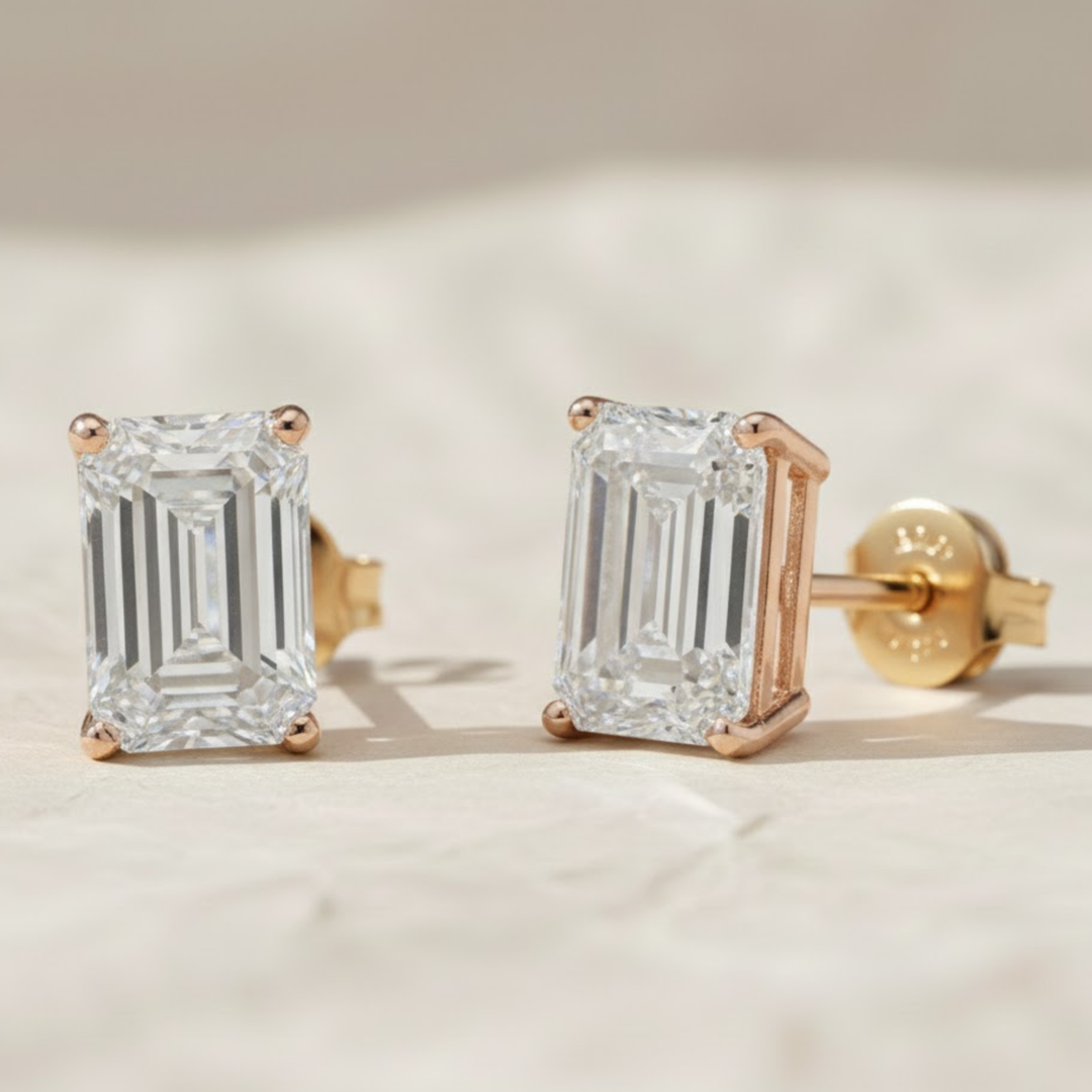 Emerald Cut Lab Grown Diamond Stud Earrings, Everyday Wear Minimalist Stud Earrings, Prong Set Solitaire Earrings, CVD Diamond Studs