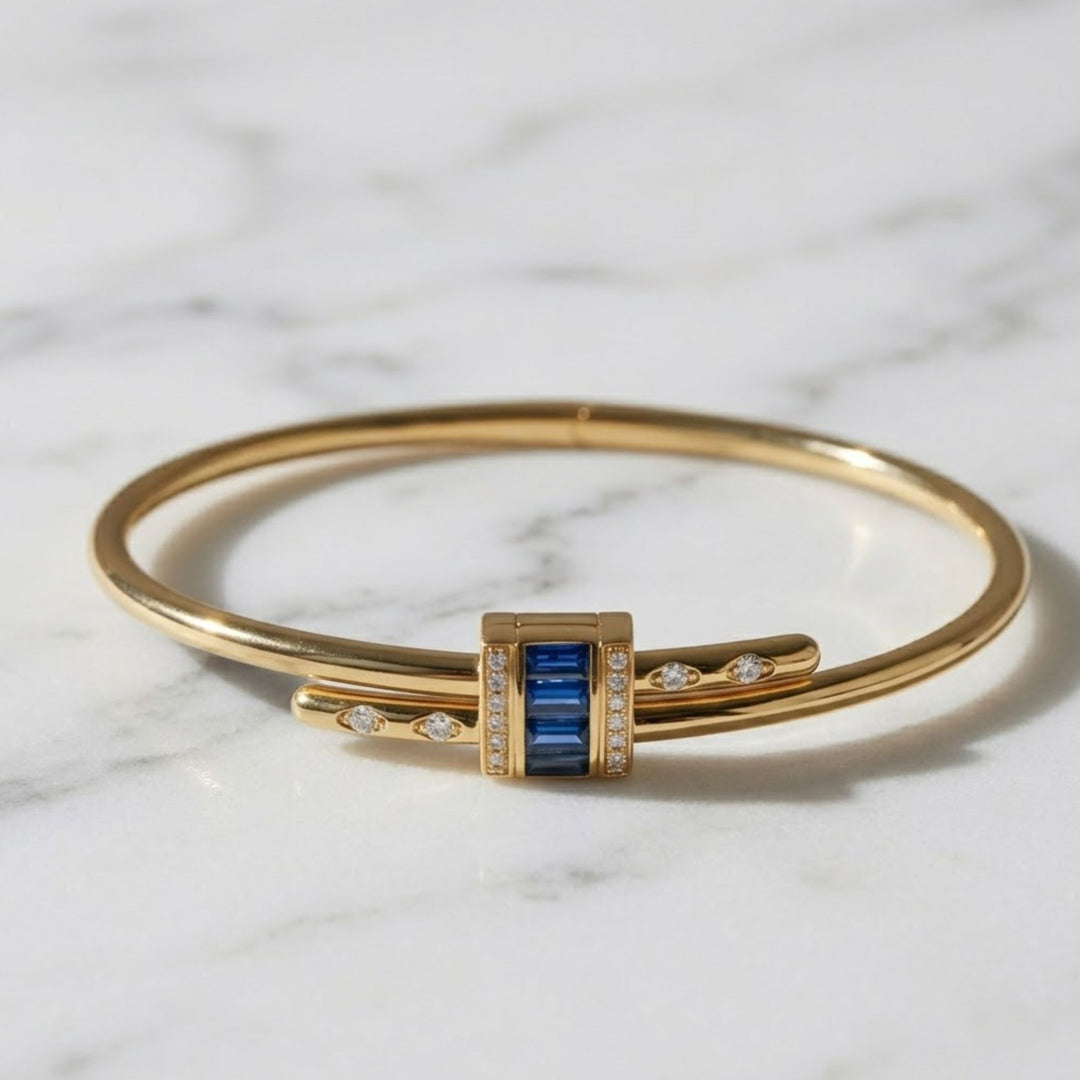 14K Solid Gold Bangle Bracelet for Women, Lab Grown Diamond & Blue Sapphire Micro Pavé, Gift for Her, Wedding, Anniversary Jewelry
