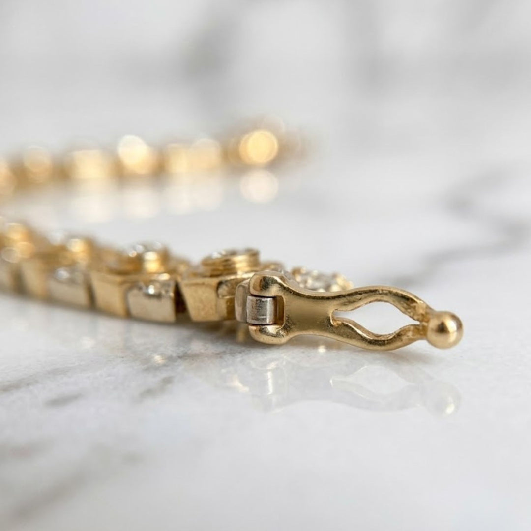 14K Solid Gold Art Deco Honeycomb Natural Diamond Bracelet