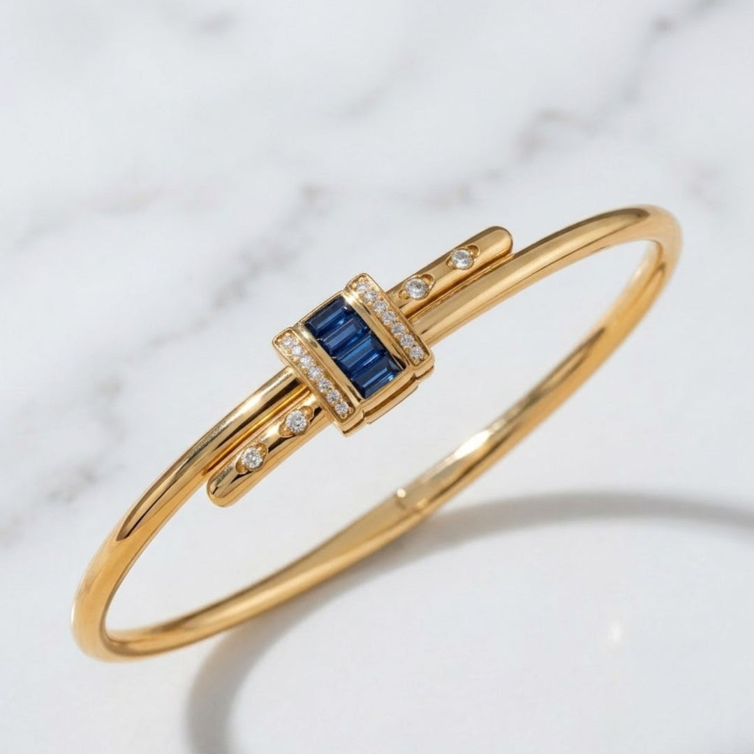 14K Solid Gold Bangle Bracelet for Women, Lab Grown Diamond & Blue Sapphire Micro Pavé, Gift for Her, Wedding, Anniversary Jewelry