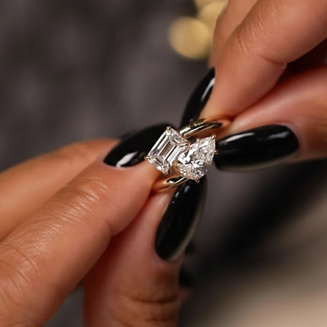 2.00 Ctw Lab Diamond Toi et Moi Ring, Pear and Emerald Cut Diamonds, 14k Gold Two Stone Engagement Ring