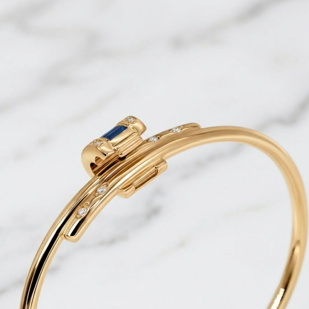 14K Solid Gold Bangle Bracelet for Women, Lab Grown Diamond & Blue Sapphire Micro Pavé, Gift for Her, Wedding, Anniversary Jewelry
