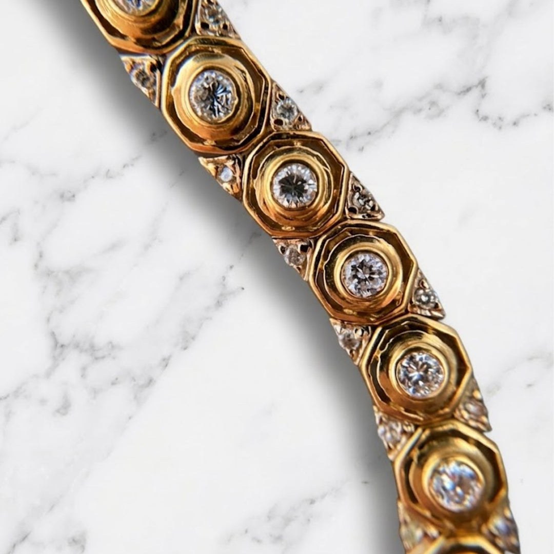 14K Solid Gold Art Deco Honeycomb Natural Diamond Bracelet