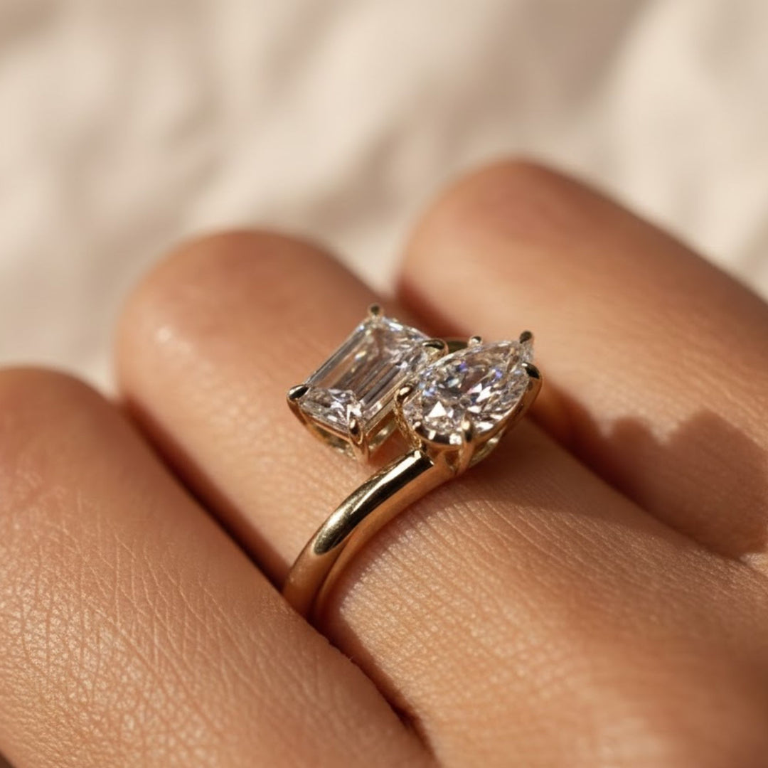 2.00 Ctw Lab Diamond Toi et Moi Ring, Pear and Emerald Cut Diamonds, 14k Gold Two Stone Engagement Ring