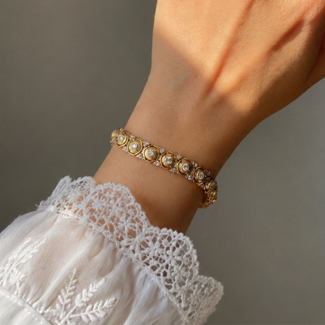 14K Solid Gold Art Deco Honeycomb Natural Diamond Bracelet
