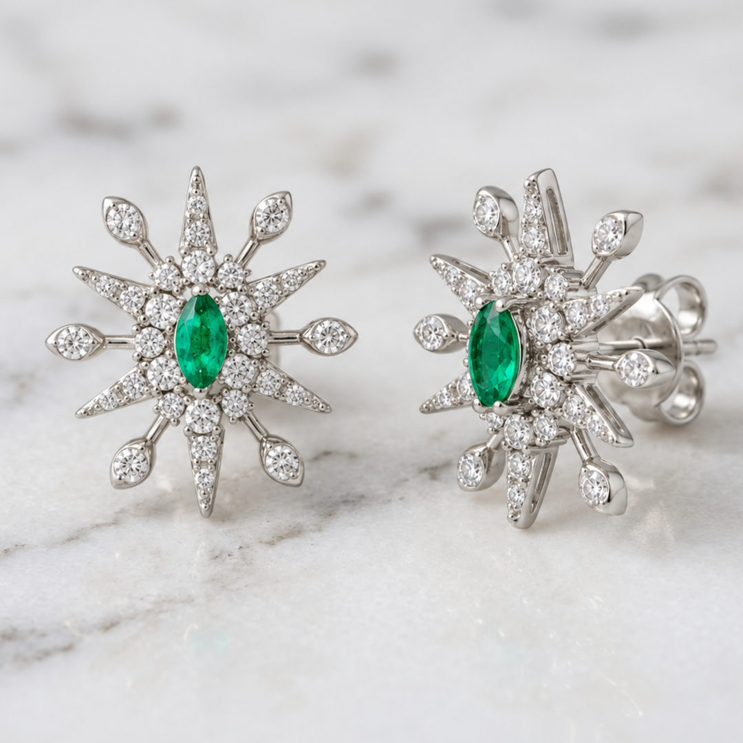 Natural Emerald With Diamond Starburst Earrings, 14K Solid White Gold Snowflake Stud