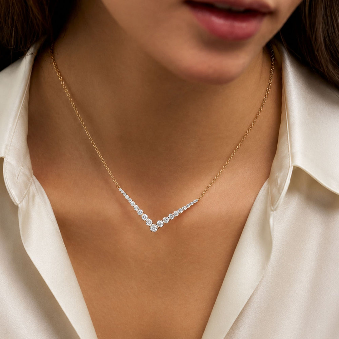 18K Solid Gold Natural Round Cut Diamond Aria V Necklace