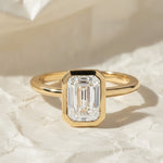 Load image into Gallery viewer, 2 Carat F Color VS1 Clarity IGI CERTIFIED Emerald Cut Lab Grown Diamond Bezel Set Solitaire Engagement Ring 14k Yellow Gold