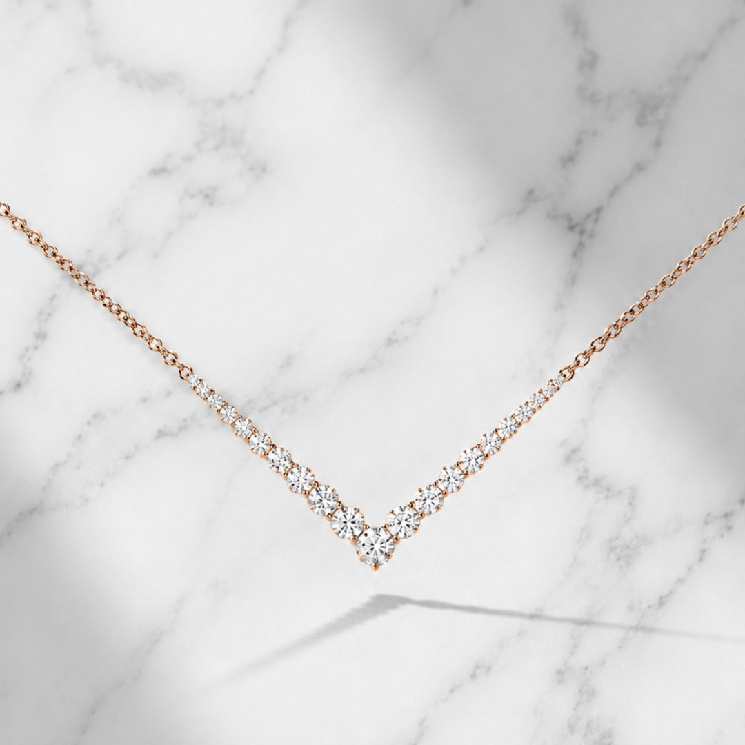 18K Solid Gold Natural Round Cut Diamond Aria V Necklace