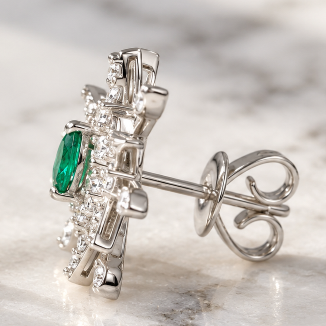 Natural Emerald With Diamond Starburst Earrings, 14K Solid White Gold Snowflake Stud