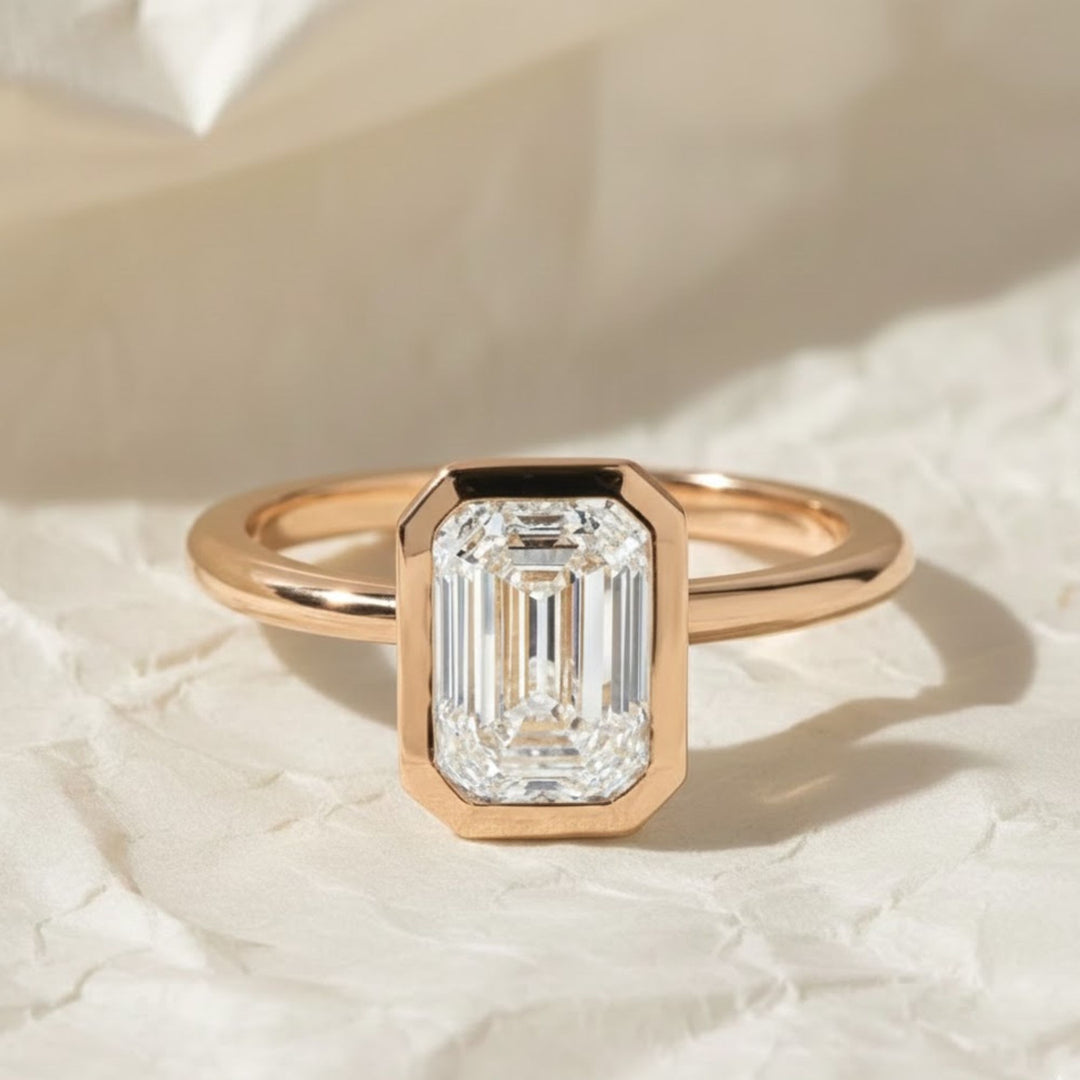 2 Carat F Color VS1 Clarity IGI CERTIFIED Emerald Cut Lab Grown Diamond Bezel Set Solitaire Engagement Ring 14k Yellow Gold