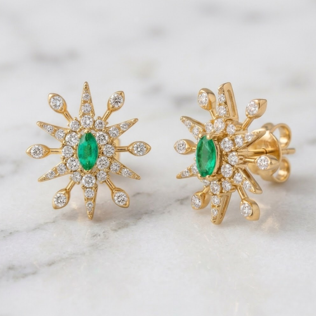 Natural Emerald With Diamond Starburst Earrings, 14K Solid White Gold Snowflake Stud