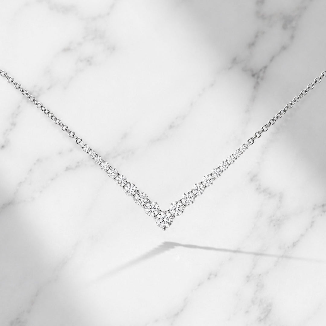 18K Solid Gold Natural Round Cut Diamond Aria V Necklace