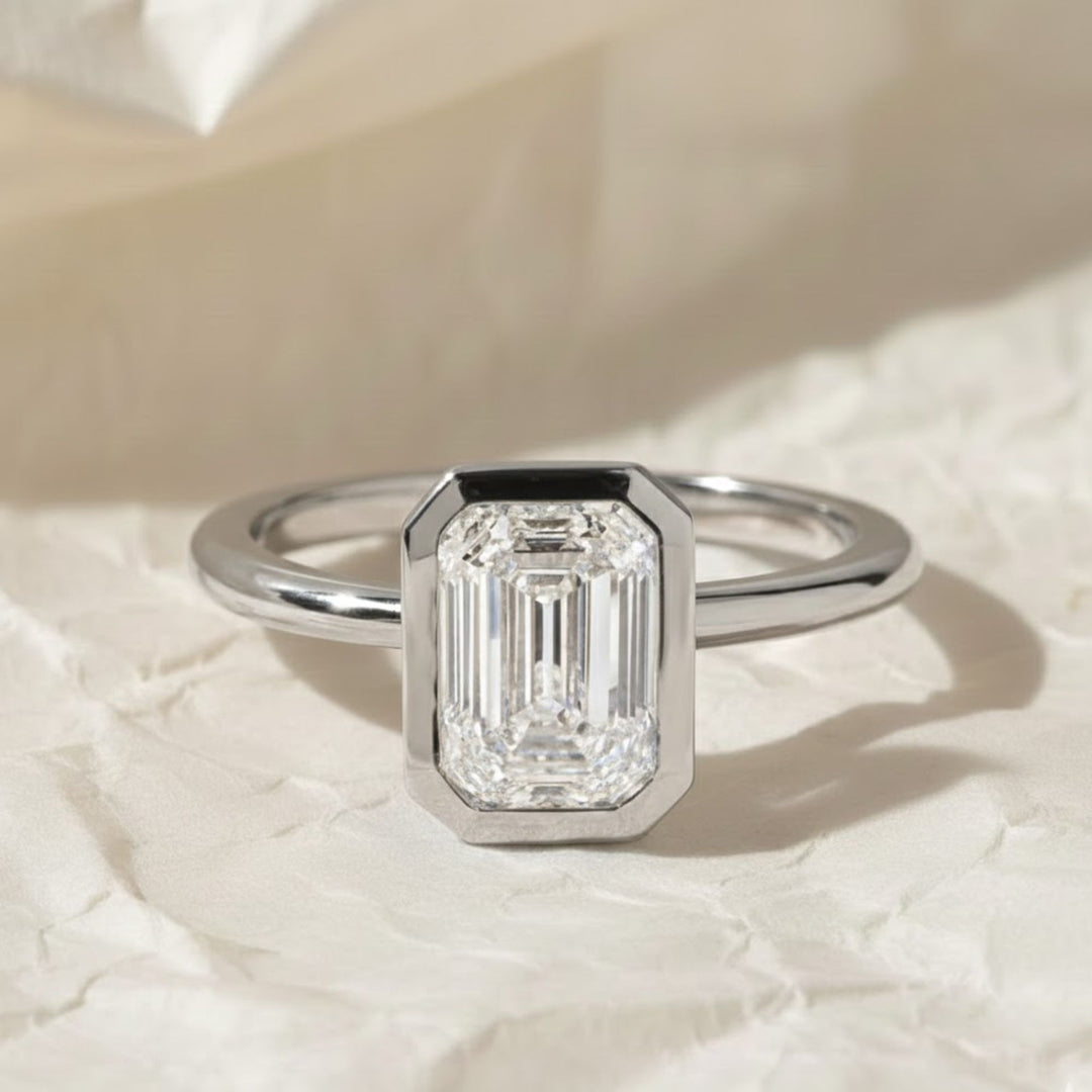 2 Carat F Color VS1 Clarity IGI CERTIFIED Emerald Cut Lab Grown Diamond Bezel Set Solitaire Engagement Ring 14k Yellow Gold