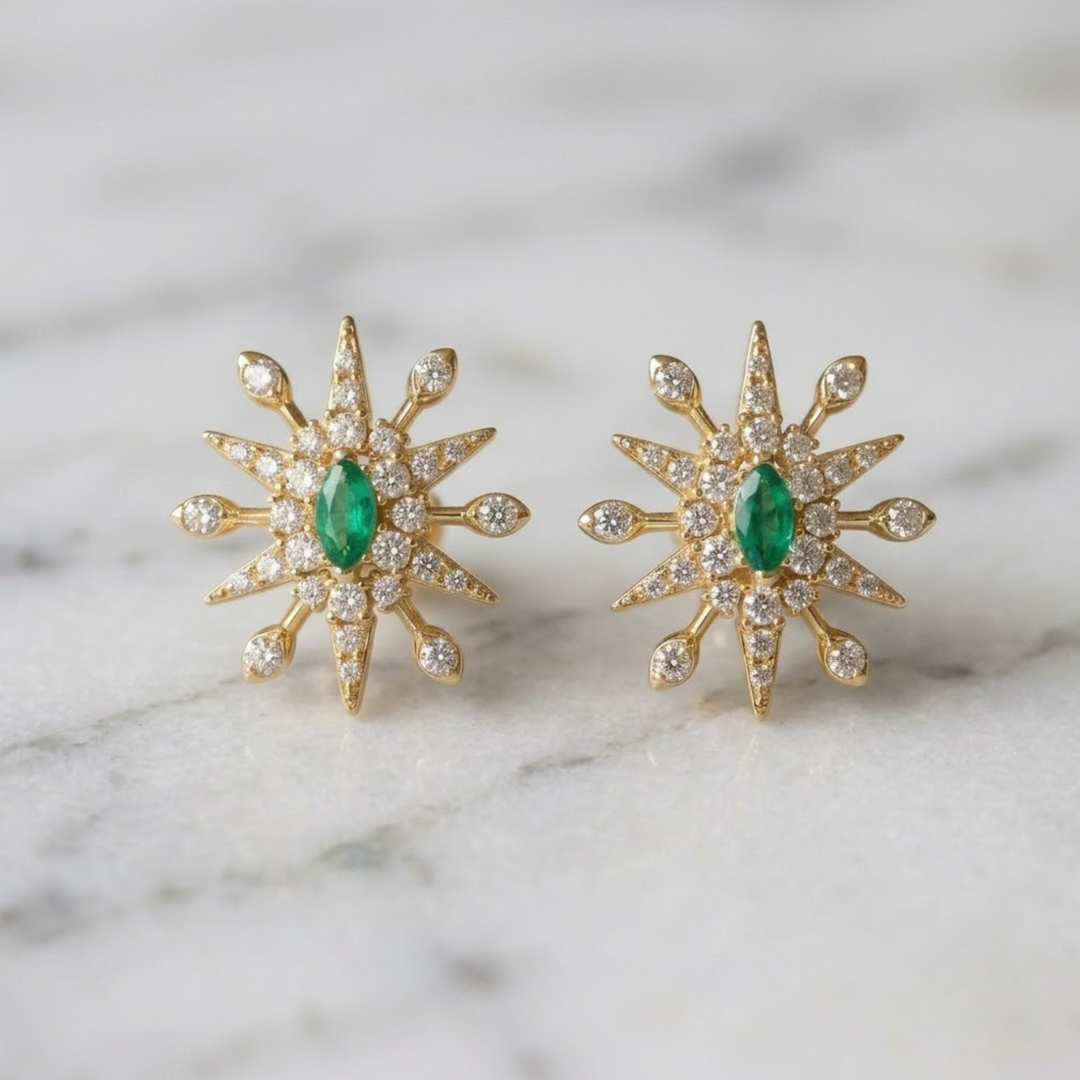 Natural Emerald With Diamond Starburst Earrings, 14K Solid White Gold Snowflake Stud