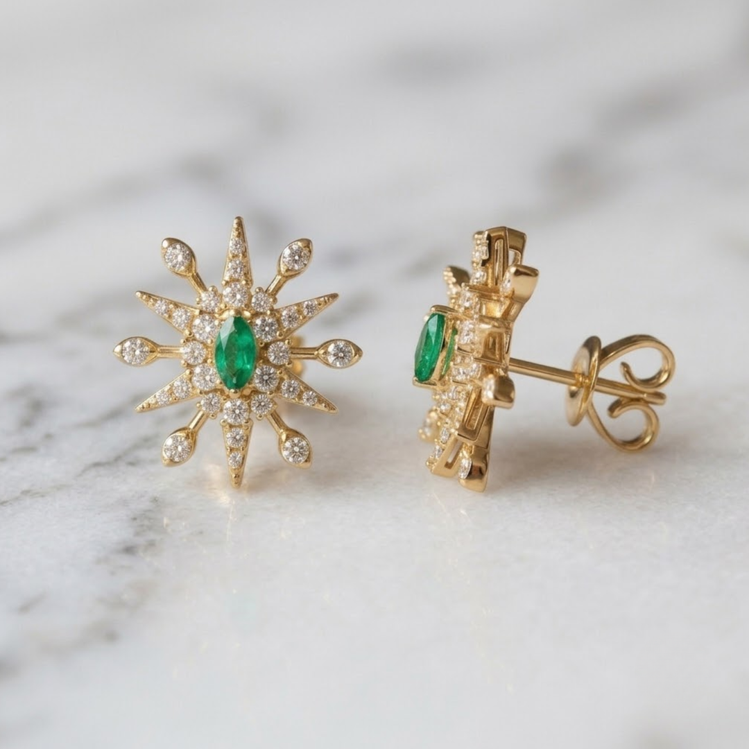 Natural Emerald With Diamond Starburst Earrings, 14K Solid White Gold Snowflake Stud