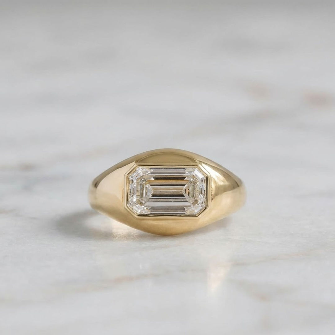 Emerald Cut Lab Grown Diamond Signet Ring, 14K Gold Bezel Set Dainty Engagement Ring, Minimalist Stackable Promise Ring, Birthday