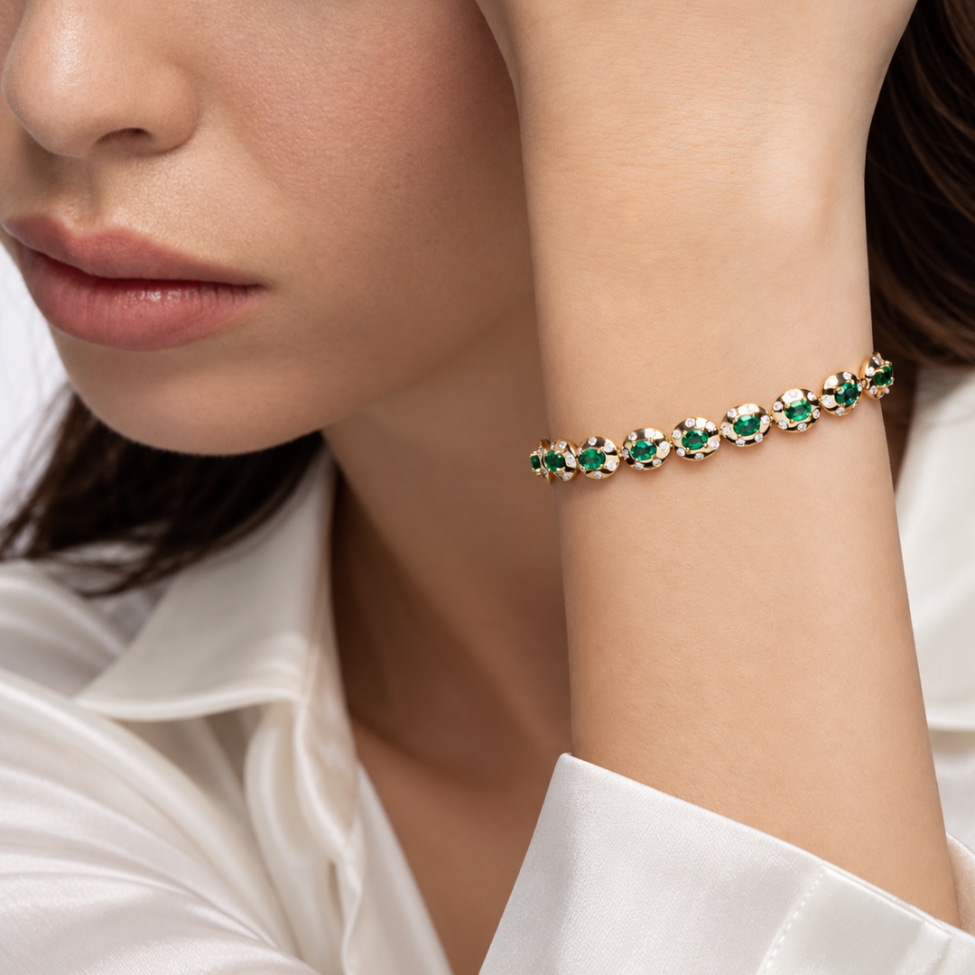 Natural Oval Cut Zambian Emerald & Diamond Gold Bracelet, 18K Solid Gold
